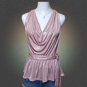 Express Rose Gold Metallic Halter Cowl Neck Peplum Top Small NWT Party Going Out